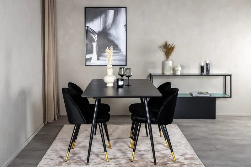 Silar rektangulært spisebordssæt 120-160 cm med 4 Velvet spisebordsstole, sort