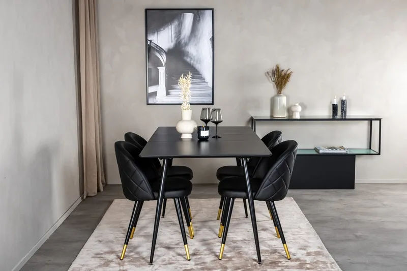 Silar rektangulært spisebordssæt 120-160 cm med 4 Velvet spisebordsstole, sort