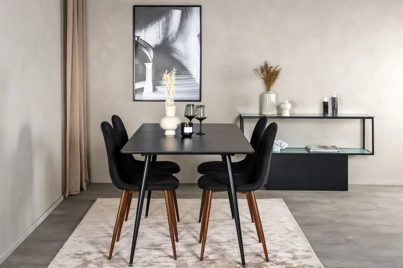Silar rektangulært spisebordssæt 120-160 cm med 4 Polar spisebordsstole, sort