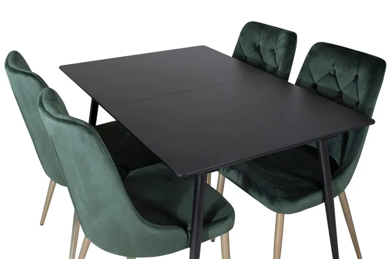 Silar spisebordssæt med udtræk 120 cm rektangulært med 4 Velvet Deluxe-stole - Sort/Guld/Grøn - Møbler - Borde - Spisebordssæt