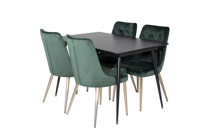 Silar spisebordssæt med udtræk 120 cm rektangulært med 4 Velvet Deluxe-stole - Sort/Guld/Grøn - Møbler - Borde - Spisebordssæt