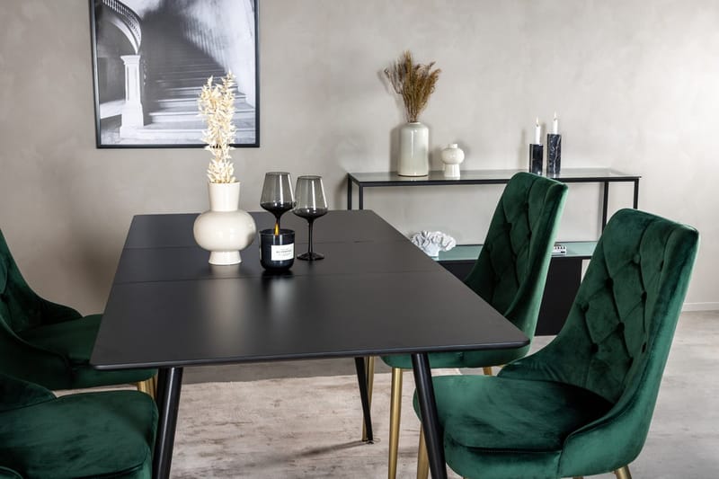 Silar spisebordssæt med udtræk 120 cm rektangulært med 4 Velvet Deluxe-stole - Sort/Guld/Grøn - Møbler - Borde - Spisebordssæt