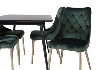Silar spisebordssæt med udtræk 120 cm rektangulært med 4 Velvet Deluxe-stole - Sort/Guld/Grøn - Møbler - Borde - Spisebordssæt