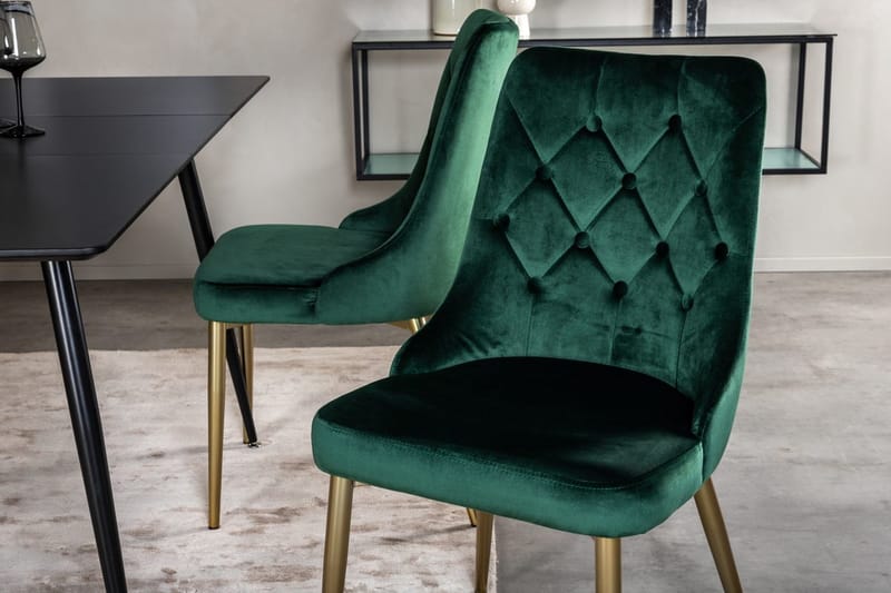 Silar spisebordssæt med udtræk 120 cm rektangulært med 4 Velvet Deluxe-stole - Sort/Guld/Grøn - Møbler - Borde - Spisebordssæt