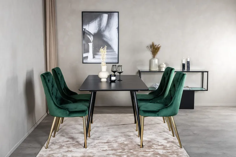 Silar spisebordssæt med udtræk 120 cm rektangulært med 4 Velvet Deluxe-stole, Sort/Guld/Grøn
