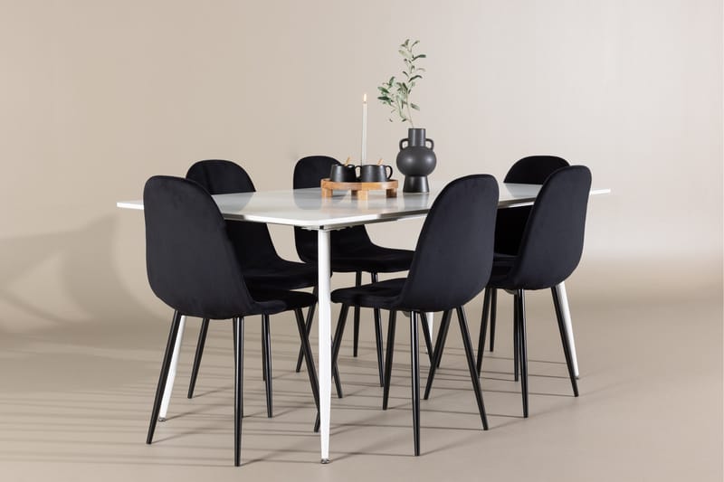 Silar Spisegruppe 180 cm Rektangulær med 6 Polar stole - Hvit/Svart - Møbler - Borde - Spisebordssæt