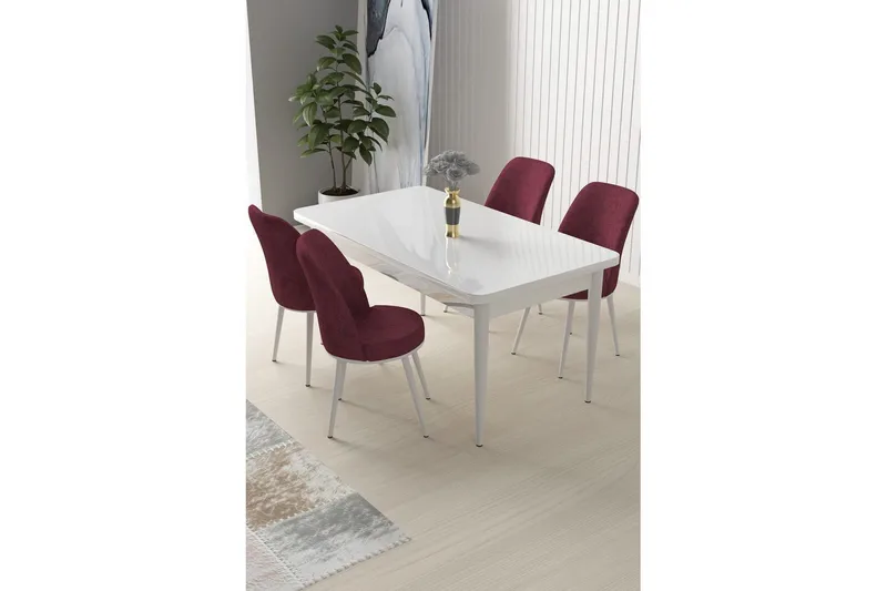 Sivaji Spisegruppe 4-personers - Hvid/Vinrød - Møbler - Borde - Spisebordssæt