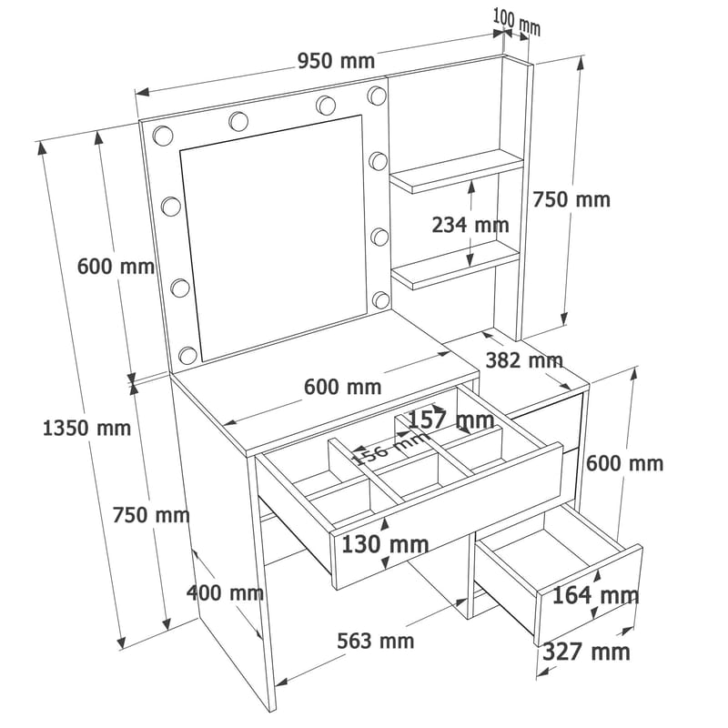 Sminkebord Hanah Home Monelle (69,4 x 135 x 40 cm) Hvid - Hvid - Møbler - Borde - Sminkebord & konsolbord