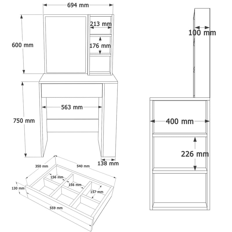 Sminkebord Hanah Home Monroeve (69,4 x 135 x 40 cm) Hvid - Hvid - Møbler - Borde - Sminkebord & konsolbord