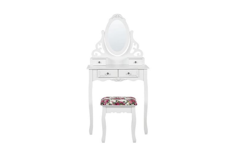 Amoura Toiletbord 70 cm Oval Spejl + Skammel - Hvid - Makeup bord med spejl - Sminkebord & konsolbord