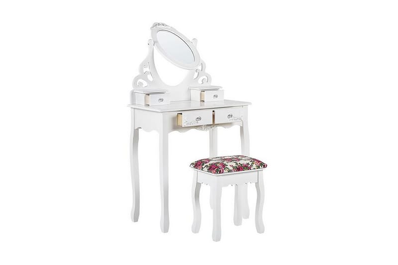 Amoura Toiletbord 70 cm Oval Spejl + Skammel - Hvid - Makeup bord med spejl - Sminkebord & konsolbord