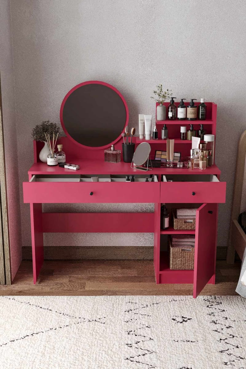 Fabrony sminkebord med spejl 124 cm - Hindbær - Møbler - Borde - Sminkebord & konsolbord - Makeup bord med spejl