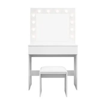 Glow lille sminkebord 80 cm med spejl, skuffer og skammel – LED-belysning - Hvid - Møbler - Borde - Sminkebord & konsolbord
