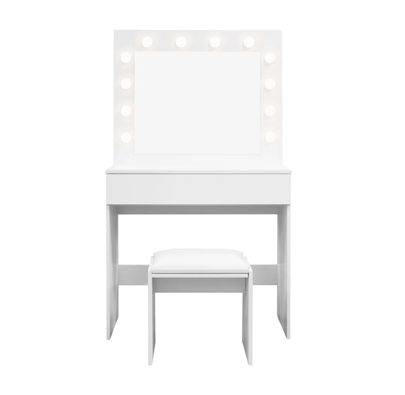 Glow Lille sminkebord 80 cm med spejl, skuffer og skammel – LED-belysning - Hvid - Møbler - Borde - Sminkebord & konsolbord