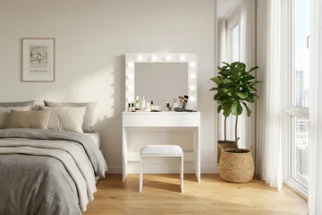 Glow lille sminkebord 80 cm med spejl, skuffer og skammel – LED-belysning - Hvid - Møbler - Borde - Sminkebord & konsolbord