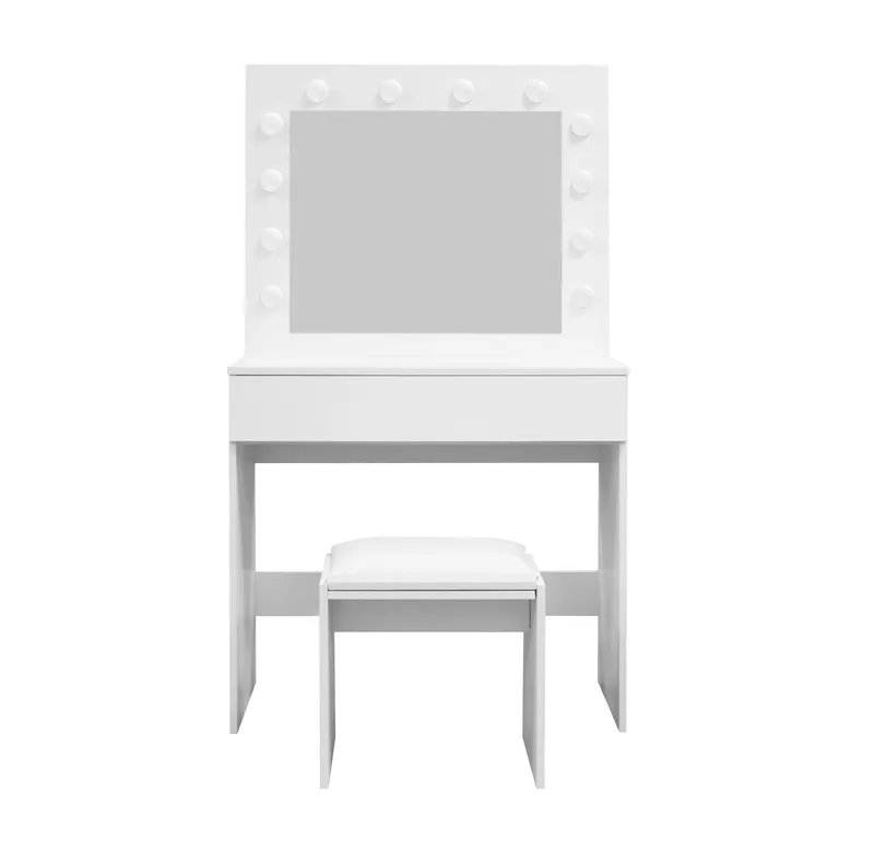 Glow Lille sminkebord 80 cm med spejl, skuffer og skammel – LED-belysning, Hvid