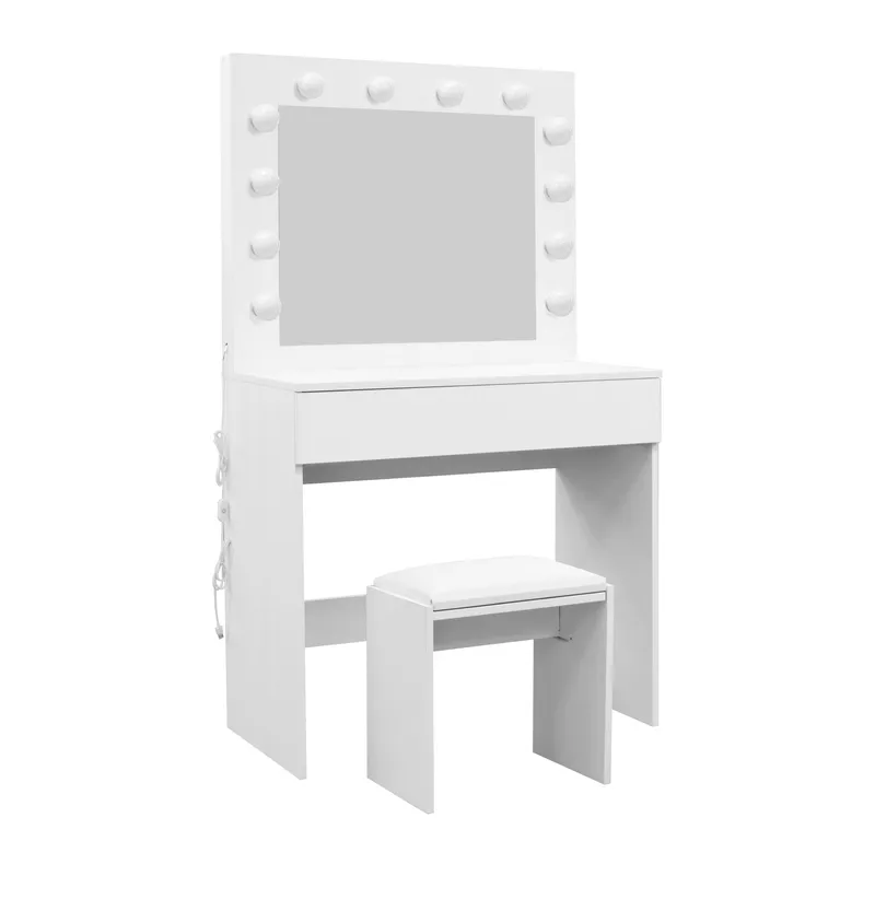 Glow Lille sminkebord 80 cm med spejl, skuffer og skammel – LED-belysning - Hvid - Møbler - Borde - Sminkebord & konsolbord