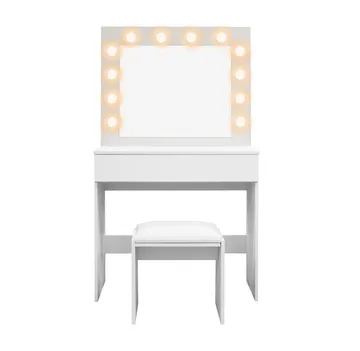 Glow lille sminkebord 80 cm med spejl, skuffer og skammel – LED-belysning - Hvid - Møbler - Borde - Sminkebord & konsolbord