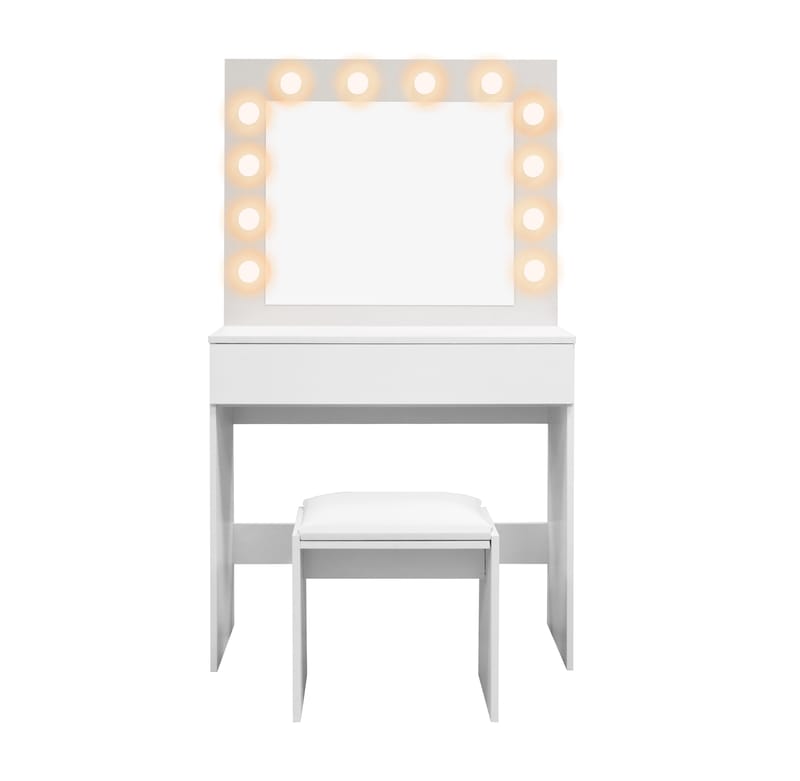 Glow Lille sminkebord 80 cm med spejl, skuffer og skammel – LED-belysning - Hvid - Møbler - Borde - Sminkebord & konsolbord