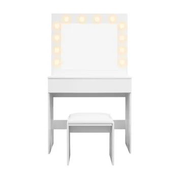 Glow lille sminkebord 80 cm med spejl, skuffer og skammel – LED-belysning - Hvid - Møbler - Borde - Sminkebord & konsolbord