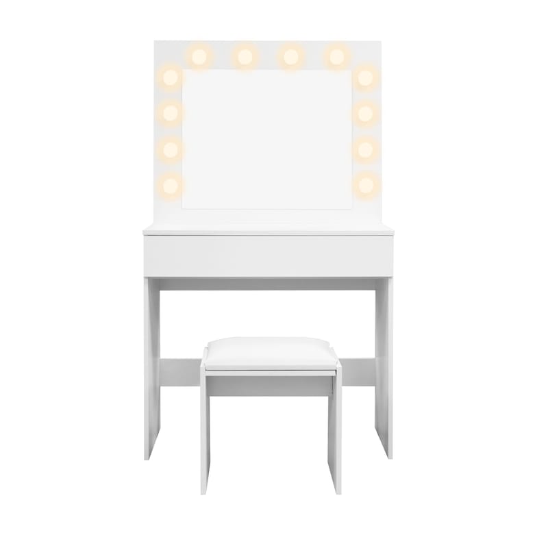 Glow Lille sminkebord 80 cm med spejl, skuffer og skammel – LED-belysning - Hvid - Møbler - Borde - Sminkebord & konsolbord