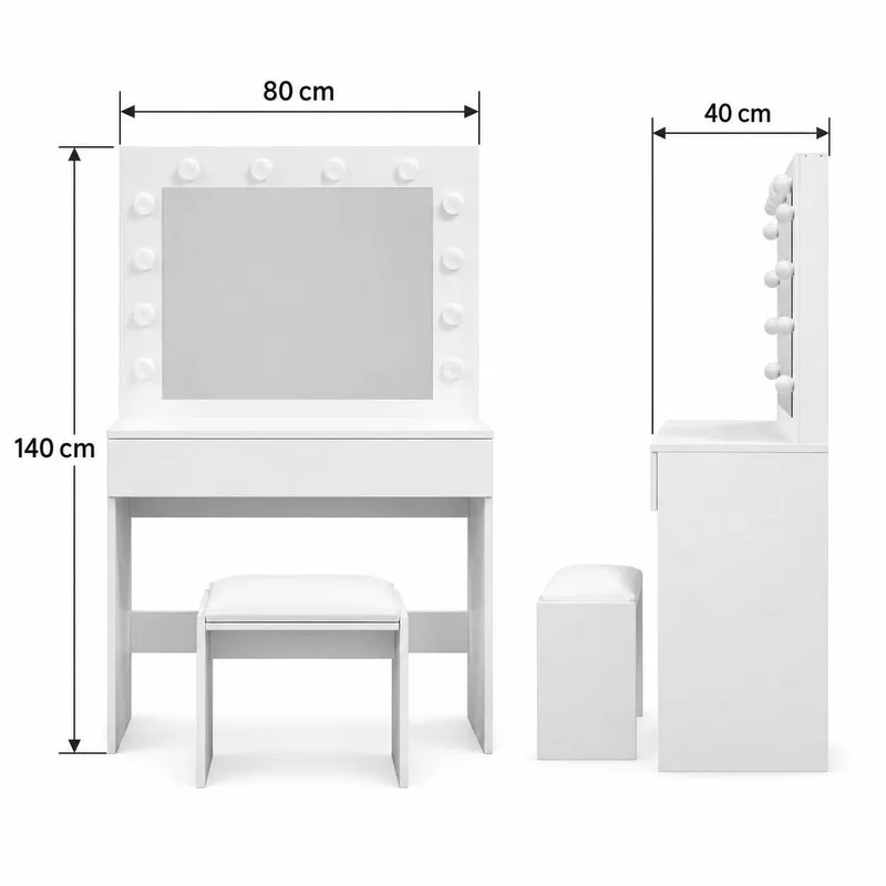 Glow lille sminkebord 80 cm med spejl, skuffer og skammel – LED-belysning - Hvid - Møbler - Borde - Sminkebord & konsolbord