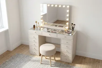 Glow Sminkebord 120 cm med Glasplade, Opbevaring og Skuffer samt Spejl 80 cm med Belysning - Beige - Møbler - Borde - Sminkebord & konsolbord
