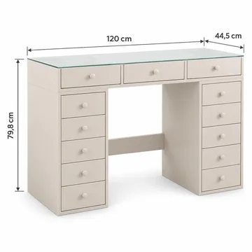 Glow Sminkebord 120 cm med Glasplade, Opbevaring og Skuffer samt Spejl 80 cm med Belysning - Beige - Møbler - Borde - Sminkebord & konsolbord