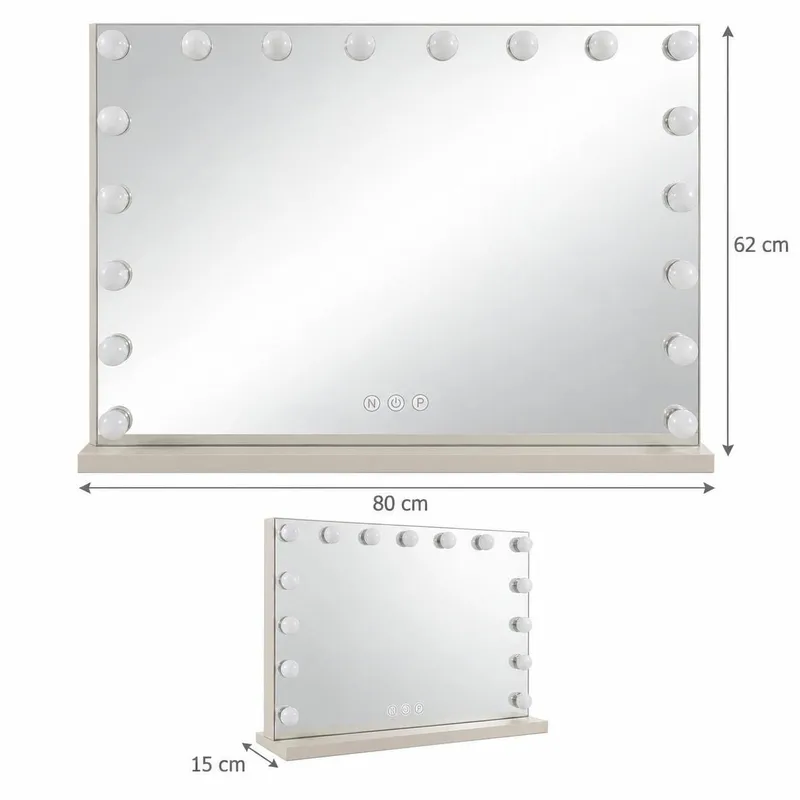 Glow Sminkebord 120 cm med Glasplade, Opbevaring og Skuffer samt Spejl 80 cm med Belysning - Beige - Møbler - Borde - Sminkebord & konsolbord