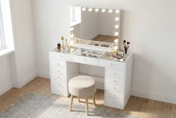 Glow Sminkebord 120 cm med Glasplade, Opbevaring og Skuffer samt Spejl 80 cm med Belysning - Hvid - Møbler - Borde - Sminkebord & konsolbord