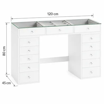 Glow Sminkebord 120 cm med Glasplade, Opbevaring og Skuffer samt Spejl 80 cm med Belysning - Hvid - Møbler - Borde - Sminkebord & konsolbord