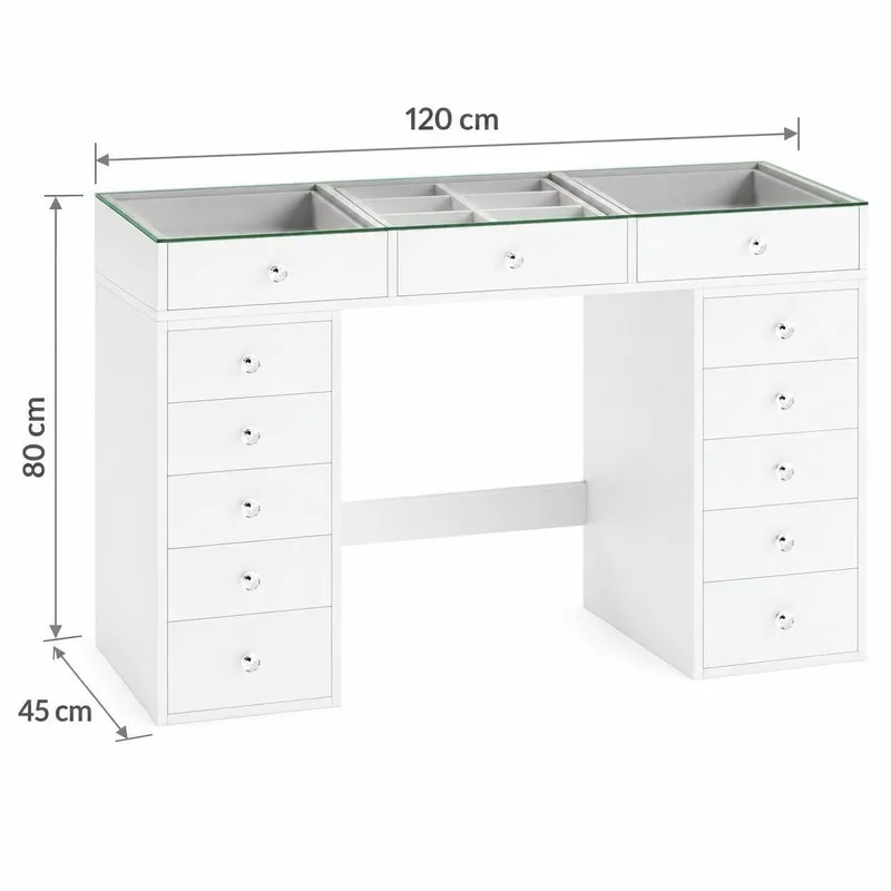 Glow Sminkebord 120 cm med Glasplade, Opbevaring og Skuffer samt Spejl 80 cm med Belysning - Hvid - Møbler - Borde - Sminkebord & konsolbord