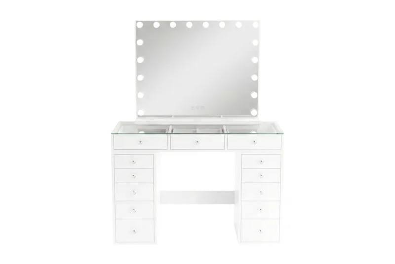 Glow Sminkebord 120 cm med Glasplade, Opbevaring og Skuffer samt Spejl 80 cm med Belysning, Hvid