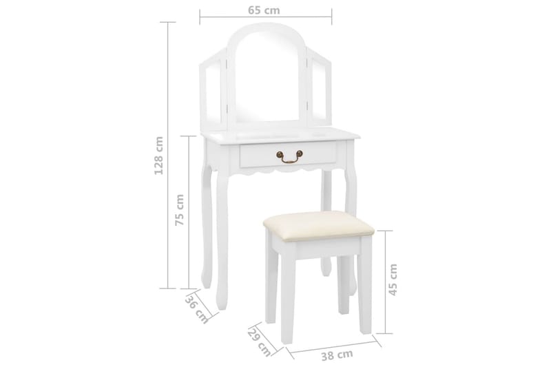 Kosmetikbord Med Taburet 65x36x128 cm Kejsertræ Mdf Hvid - Møbler - Borde - Sminkebord & konsolbord