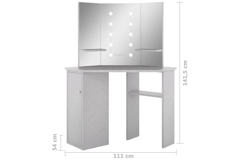 kosmetikbord til hjørne med LED-lys 111x54x141,5 cm betongrå - Møbler - Borde - Sminkebord & konsolbord