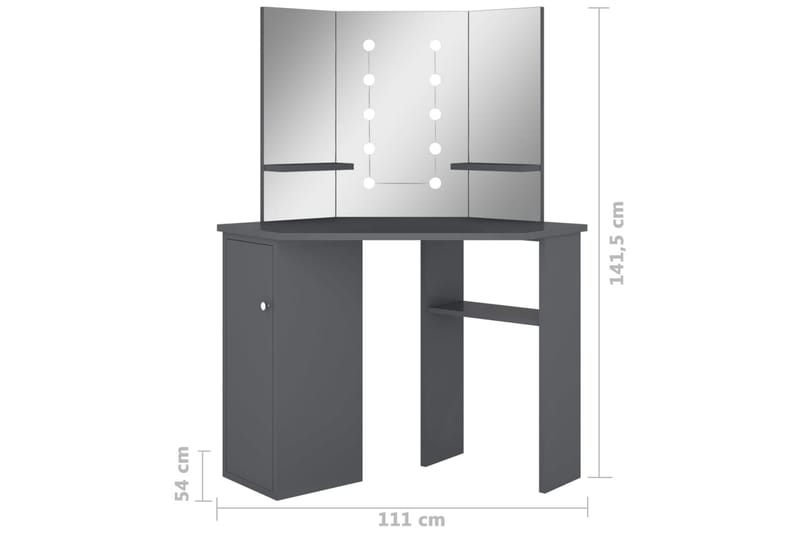 kosmetikbord til hjørne med LED-lys 111x54x141,5 cm grå - Grå - Sminkebord & konsolbord