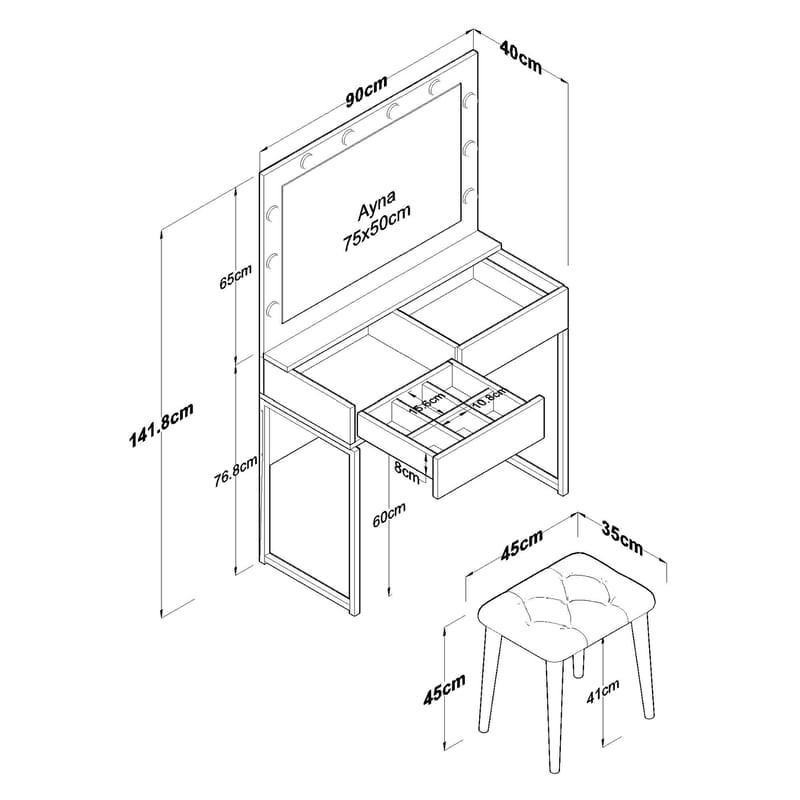 Make-up-bord Wallxpert Eska BJ164 (90 x 141,8 x 40 cm) Hvid - Hvid - Møbler - Borde - Sminkebord & konsolbord