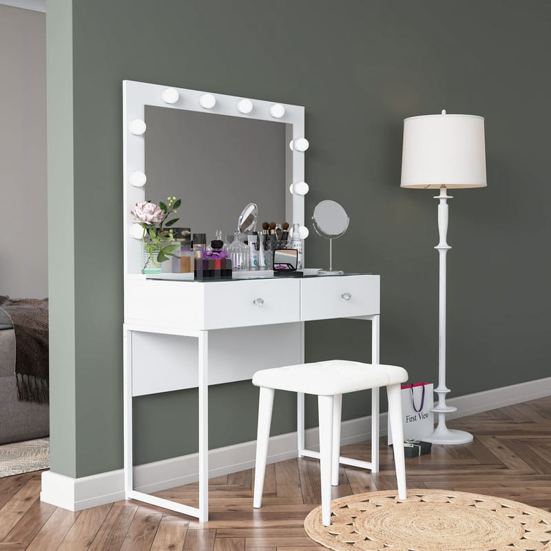 Make-up-bord Wallxpert Eska BJ164 (90 x 141,8 x 40 cm) Hvid - Hvid - Møbler - Borde - Sminkebord & konsolbord