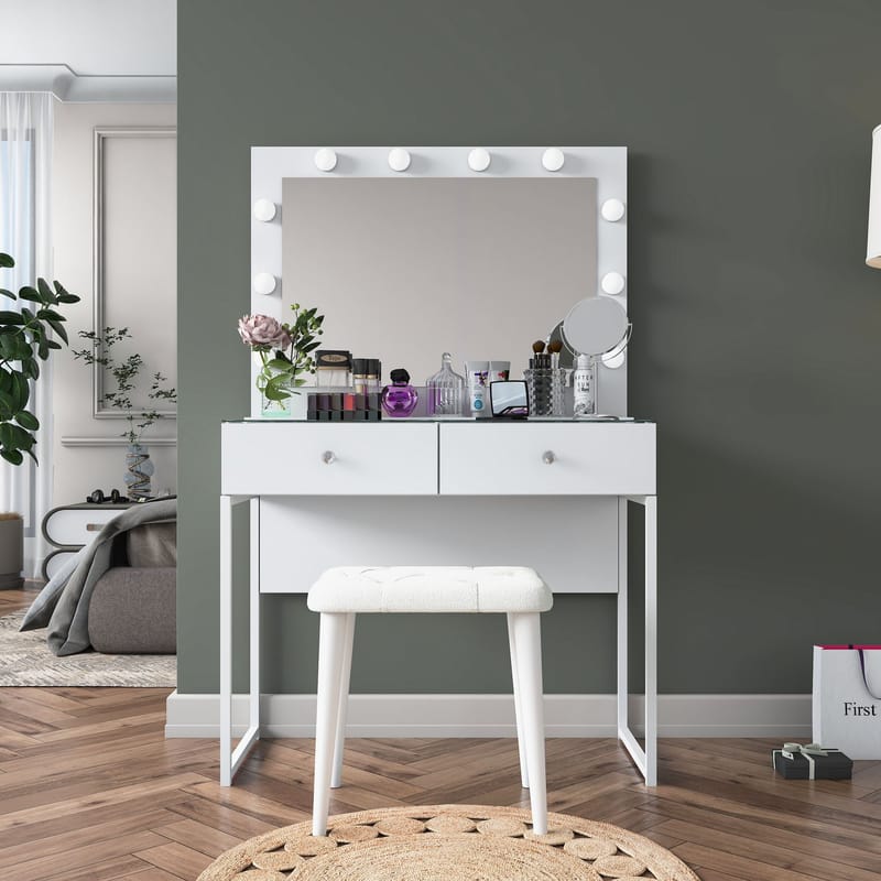 Make-up-bord Wallxpert Eska BJ164 (90 x 141,8 x 40 cm) Hvid - Hvid - Møbler - Borde - Sminkebord & konsolbord
