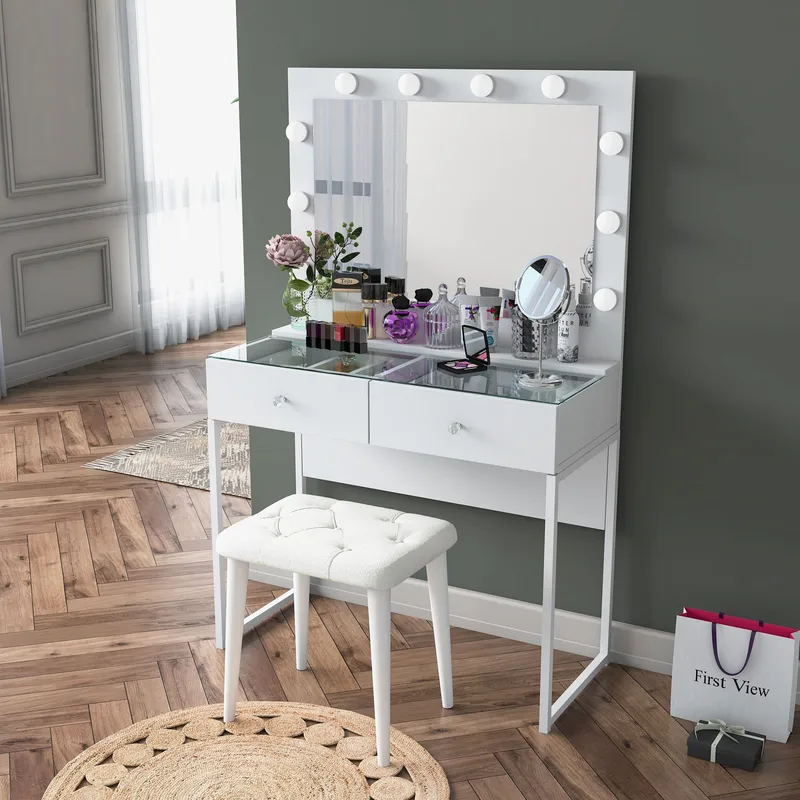 Make-up-bord Wallxpert Eska BJ164 (90 x 141,8 x 40 cm) Hvid - Hvid - Møbler - Borde - Sminkebord & konsolbord
