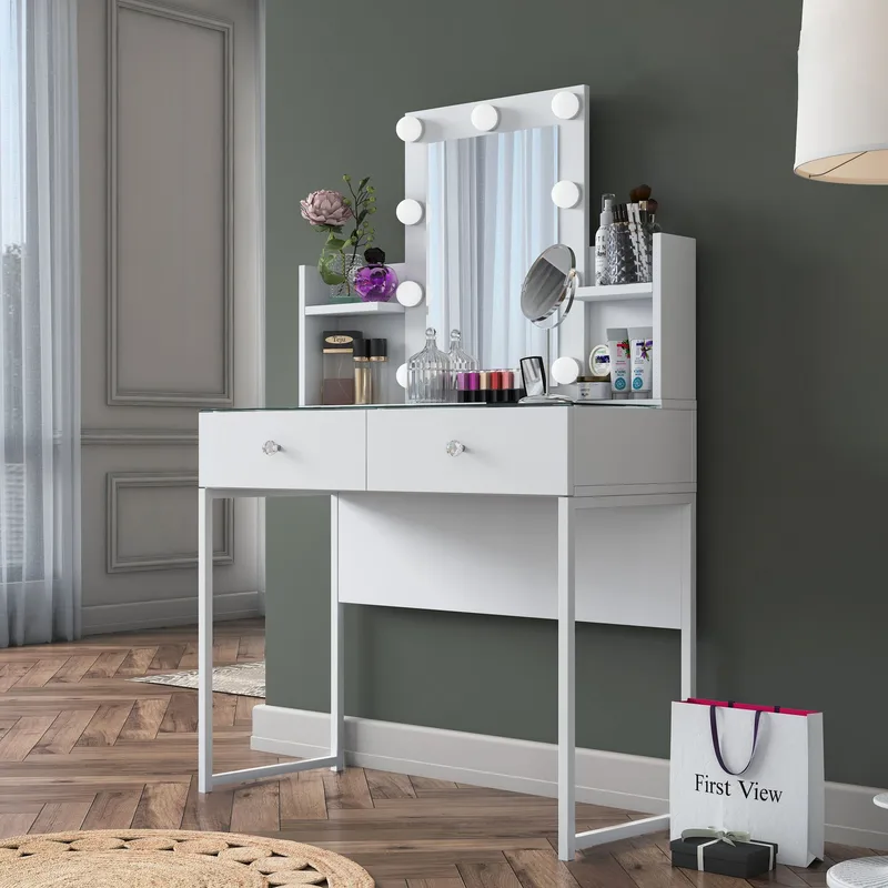 Make-up-bord Wallxpert Fenn (90 x 136,8 x 40 cm) Hvid - Hvid - Møbler - Borde - Sminkebord & konsolbord