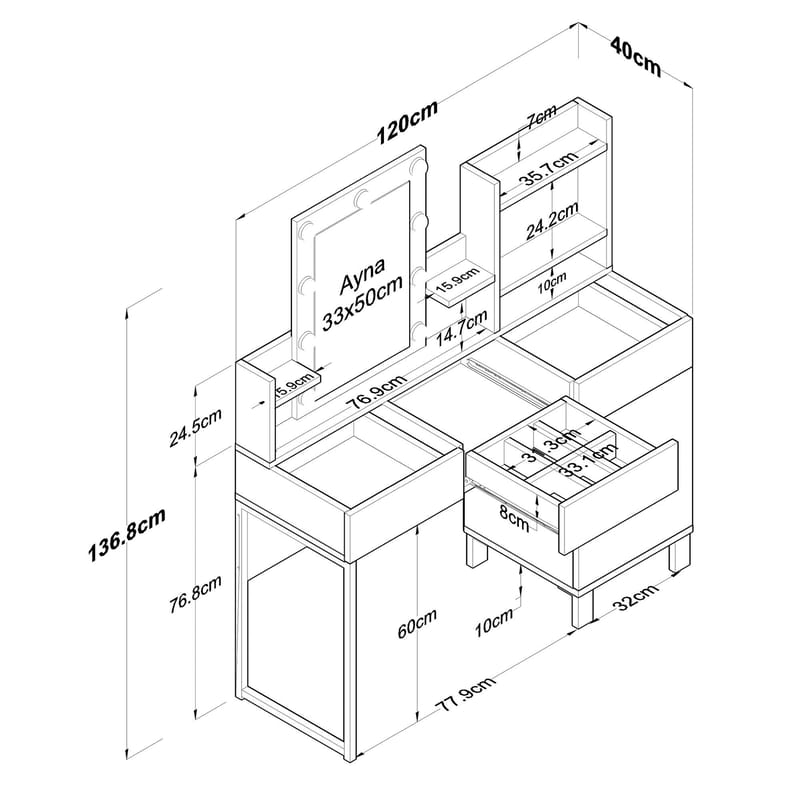 Make-up-bord Wallxpert Hyla BJ139 (120 x 136,8 x 40 cm) Hvid - Hvid - Møbler - Borde - Sminkebord & konsolbord
