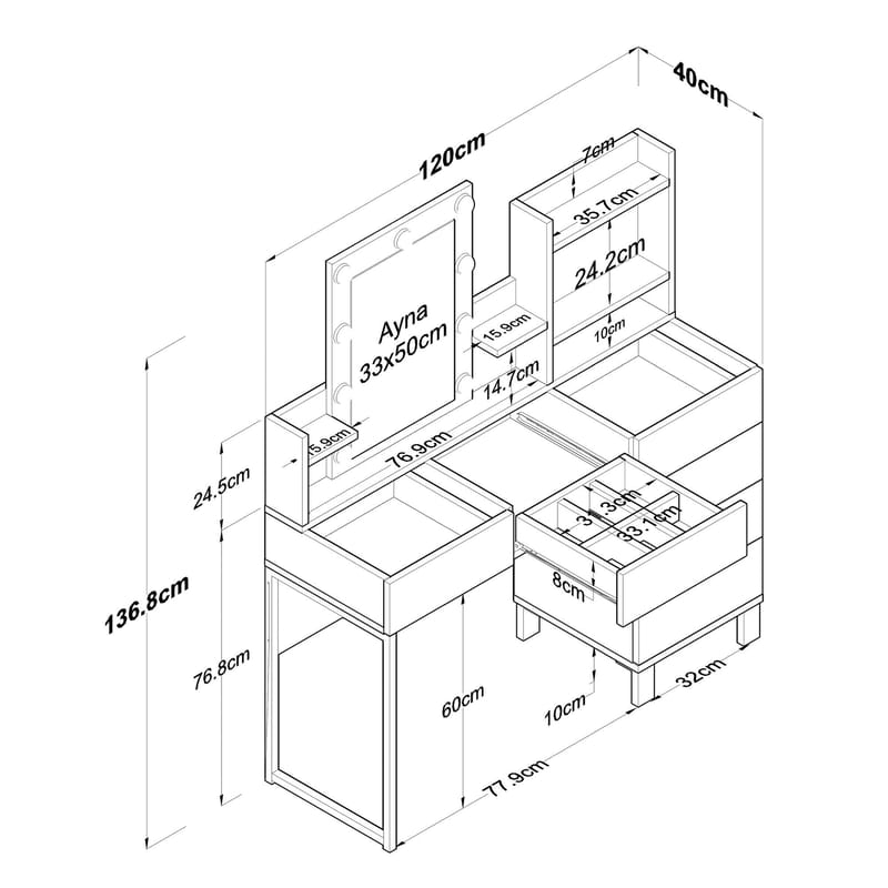 Make-up-bord Wallxpert Hyla BJ141 (120 x 136,8 x 40 cm) hvid - Hvid - Møbler - Borde - Sminkebord & konsolbord
