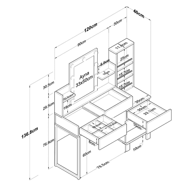 Make-up-bord Wallxpert Hyla BJ153 (120 x 136,8 x 40 cm) hvid - Hvid - Møbler - Borde - Sminkebord & konsolbord