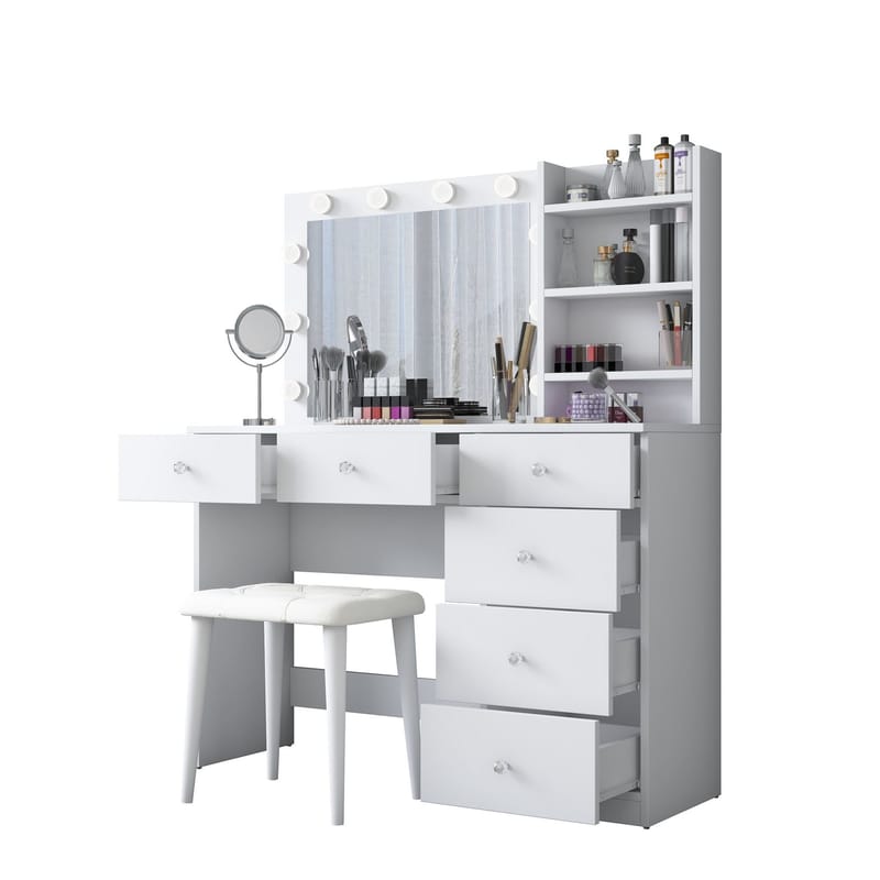 Make-up-bord Wallxpert Isla Shelf med puf (120 x 141,8 x 40 cm) Hvid - Hvid - Møbler - Borde - Sminkebord & konsolbord
