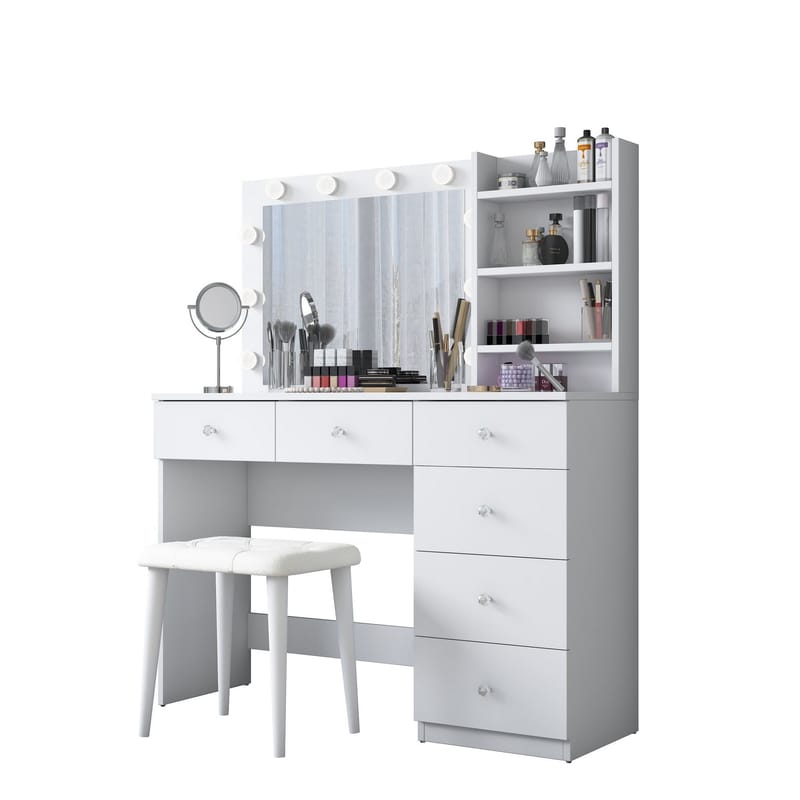 Make-up-bord Wallxpert Isla Shelf med puf (120 x 141,8 x 40 cm) Hvid - Hvid - Møbler - Borde - Sminkebord & konsolbord