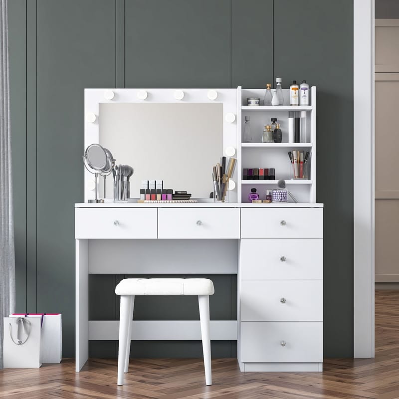 Make-up-bord Wallxpert Isla Shelf med puf (120 x 141,8 x 40 cm) Hvid - Hvid - Møbler - Borde - Sminkebord & konsolbord