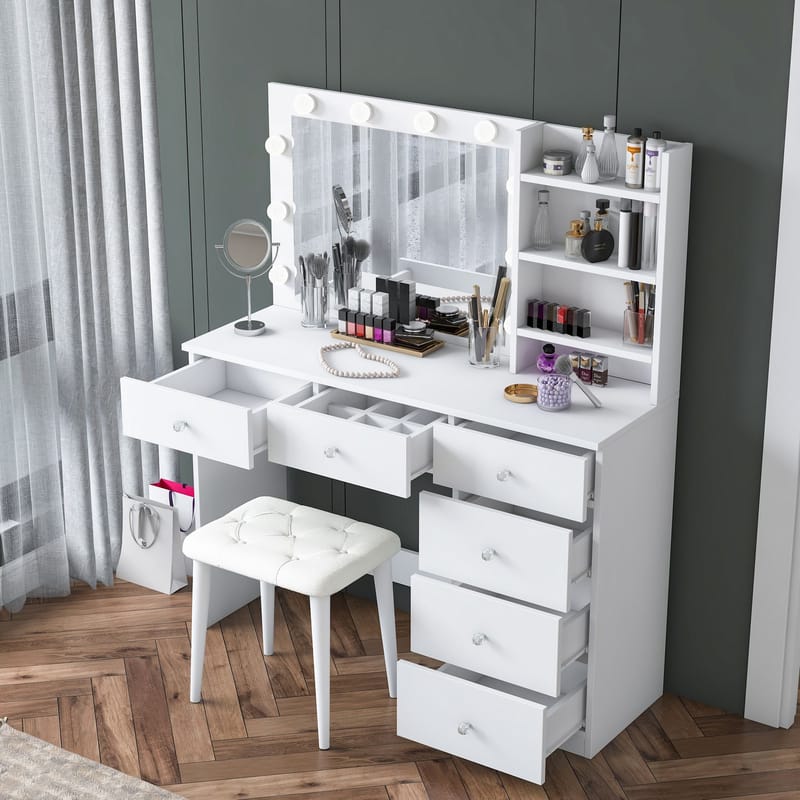 Make-up-bord Wallxpert Isla Shelf med puf (120 x 141,8 x 40 cm) Hvid - Hvid - Møbler - Borde - Sminkebord & konsolbord