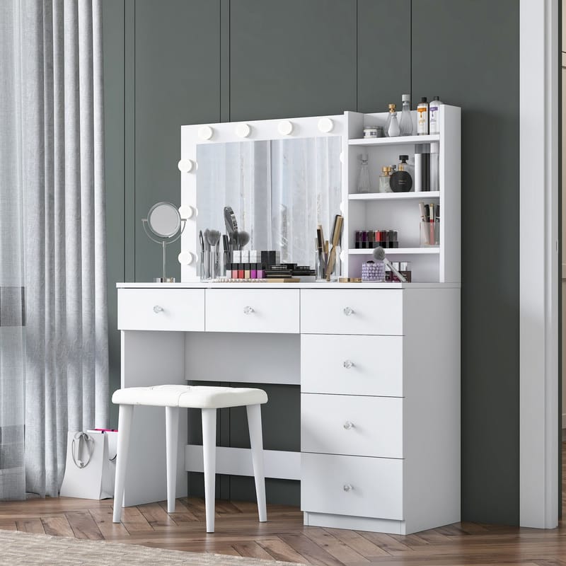 Make-up-bord Wallxpert Isla Shelf med puf (120 x 141,8 x 40 cm) Hvid - Hvid - Møbler - Borde - Sminkebord & konsolbord