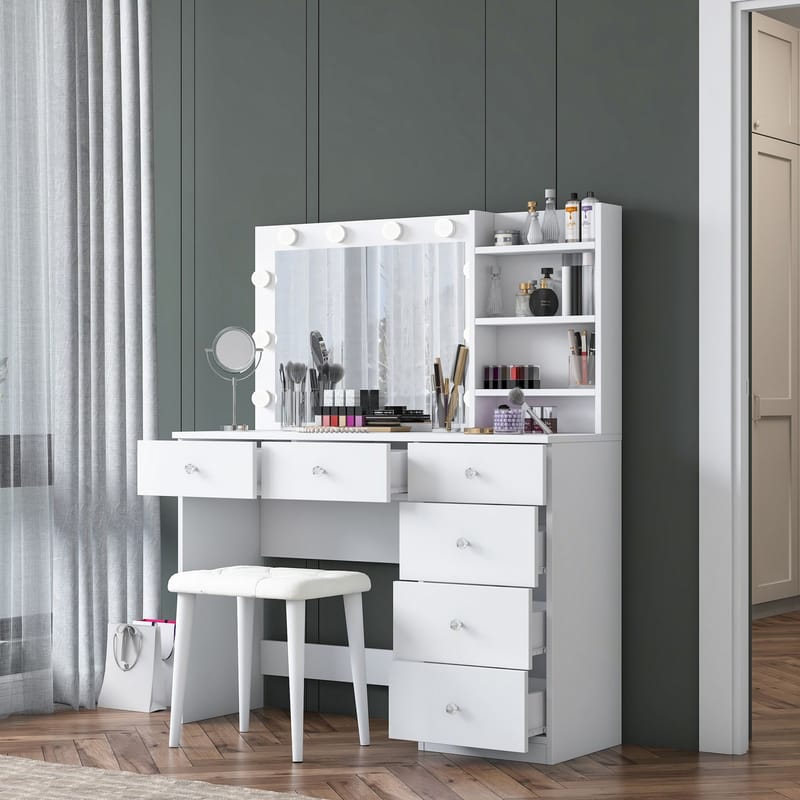 Make-up-bord Wallxpert Isla Shelf med puf (120 x 141,8 x 40 cm) Hvid - Hvid - Møbler - Borde - Sminkebord & konsolbord